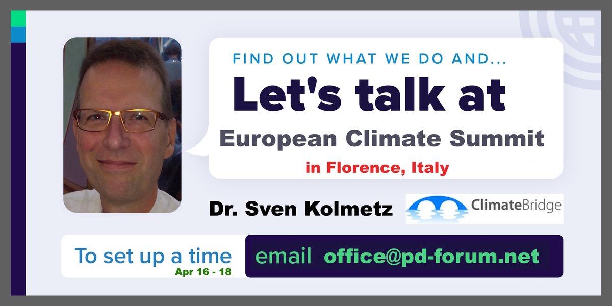 Talk with Dr. Sven Kolmetz from @climatePDForum at the European Climate Summit (europeanclimatesummit.com). Find out what we do to accomplish #ClimateActions. Set up a time - office (at) pd-forum.net 

#greenhousegases @EKIEnKing @QuinnGlabicki @rebleber #ClimateAction