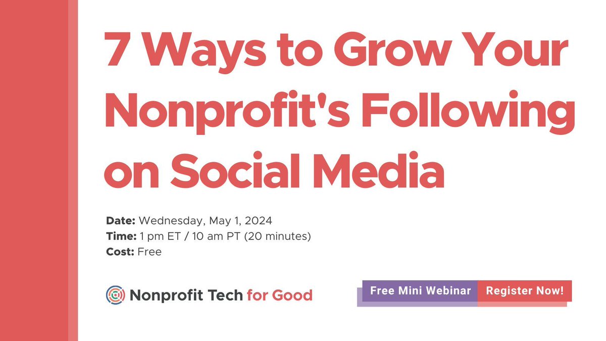 🔗 Register: buff.ly/4ap4Azs This free 20-minute webinar on May 1 will present seven easy ways to grow your nonprofit’s following on social media! 👩🏽‍💻