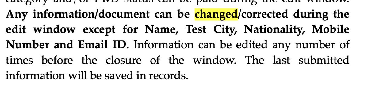 #neetpg2024 Any information/document
can be changed/corrected during the edit window except for
Name, Test City, Nationality, Mobile Number and Email ID. One must be careful with these to be put #NEETPG