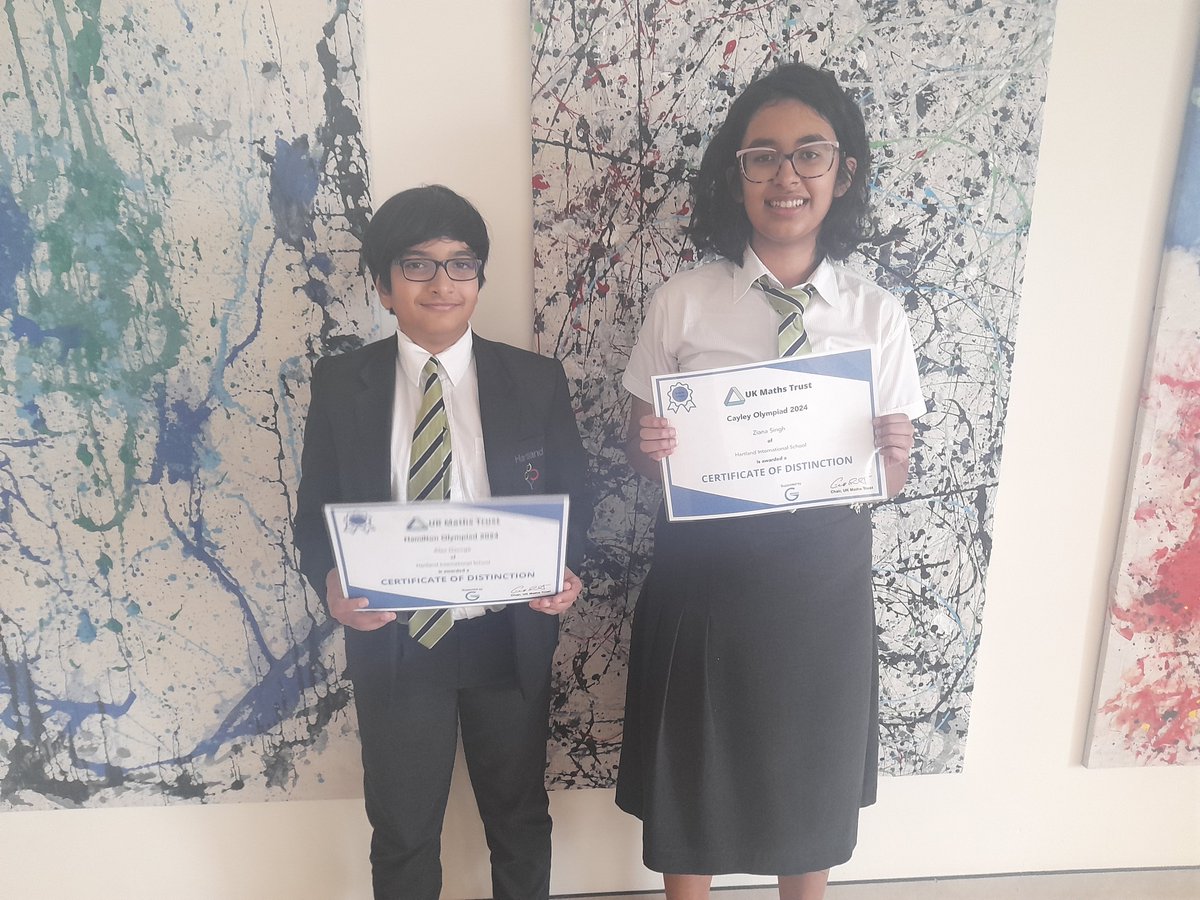 A great start to Term 3 finding our that <a href="/HartlandIntl/">Hartland Intl School</a> pupils Alex and Ziana both achieved distinctions in their #UKMT bonus rounds. A respective bronze in the Hamilton and silver in the Cayley. Congratulations to you both for your hard work and effort achieving these.