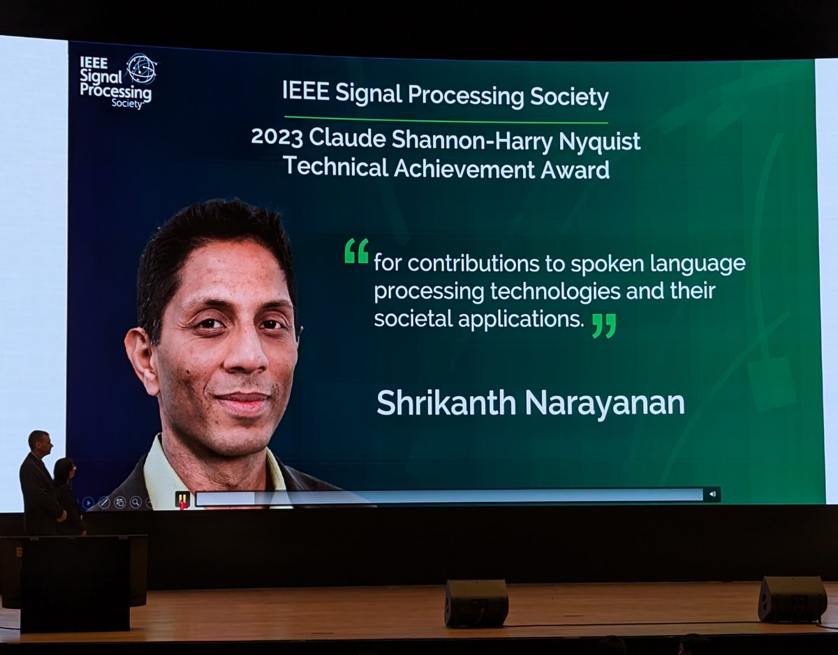 Congratulations to Shrikanth Narayanan for winning the IEEE Signal Processing Society's Claude Shannon-Harry Nyquist Award, in recognition of his contributions to spoken language processing technologies and their societal applications! #ICASSP2024 signalprocessingsociety.org/community-invo…