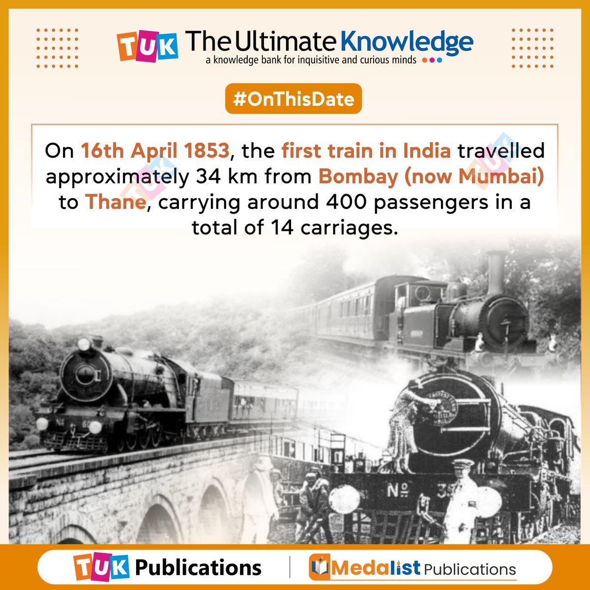 #OnThisDate - On 16th April 1853, the first train in India travelled approximately 34 km from Bombay (now #Mumbai) to #Thane, carrying around 400 passengers in a total of 14 carriages.

#TUKWorld #IndianRailways #ThisDayThatYear #ThisDayInHistory #VandeBharatExpress #VandeBharat