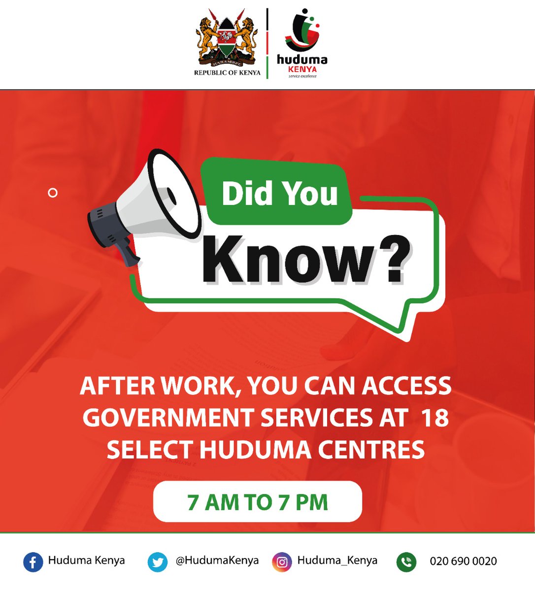 We understand the value of your time. That's why #HudumaCenters operate from 7 a.m. to 7 p.m, providing you with greater flexibility.