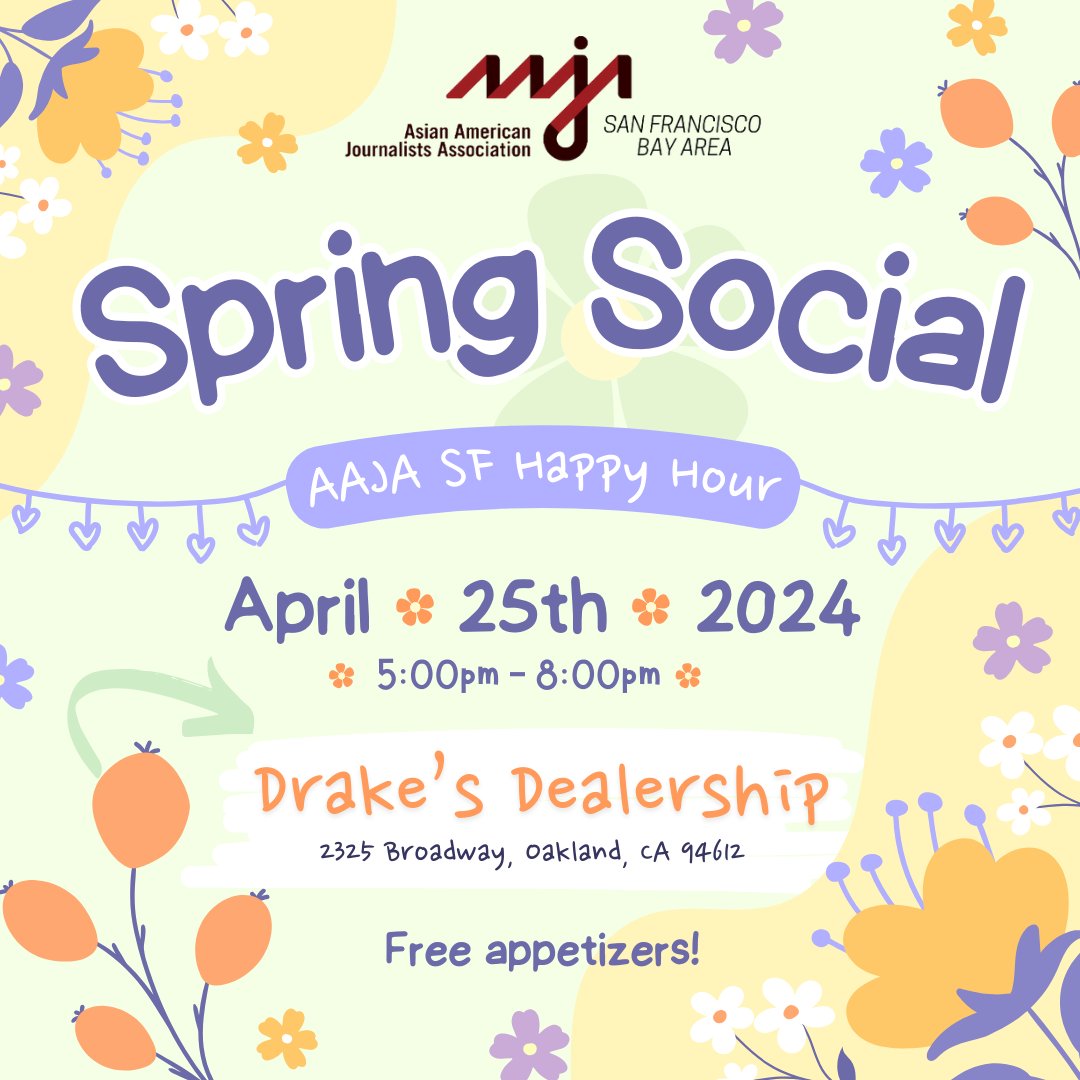 Spring is in the air! Let's celebrate. AAJA members, friends and friends of friends, join us for happy hour on April 25 at Drake's Dealership in Oakland. 🍕🍻