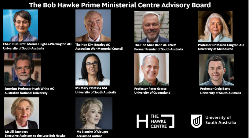 Delighted to announce the Advisory Board for @TheHawkeCentre @UniversitySA. Deepest thanks to members Blanche D'Alpuget, Jill Saunders, Kim Beazley, @Mike_Rann, Marcia Langton, Hugh White, @marypatetsos, @PeterGreste, & @CraigBatty6, as we support great work by Jacinta Thompson.