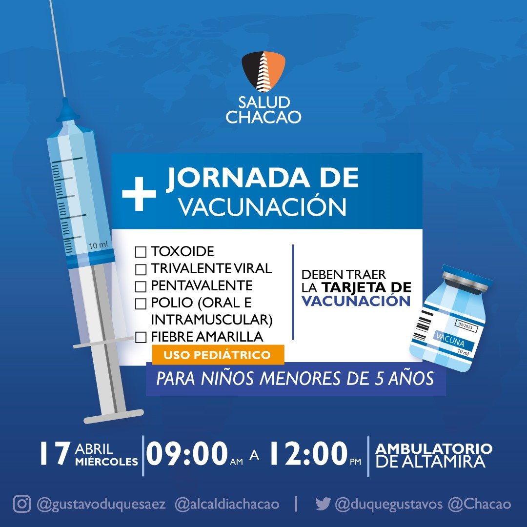 #16Abril Jornada de vacunación 💉 En el Ambulatorio de Altamira se estará realizando este #17Abril una jornada de vacunación para niños menores de 5 años. Deberán presentar la tarjeta de vacunación para recibir las inmunizaciones requeridas. Más detalles ⬇️ #TrabajandoXChacao