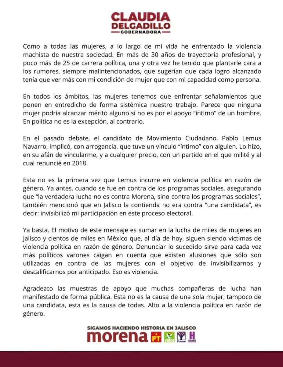 ClaudDelgadillo's tweet photo. Como mujer estoy acostumbrada a que cuestionen mi capacidad, por el simple hecho de serlo. 

Pero como líder no puedo dejar de pasar la oportunidad de compartirles una reflexión sobre los dichos y acciones misóginas del candidato naranja, porque sé que tengo un deber con las que vienen y se los debo a las que estuvieron antes que yo.