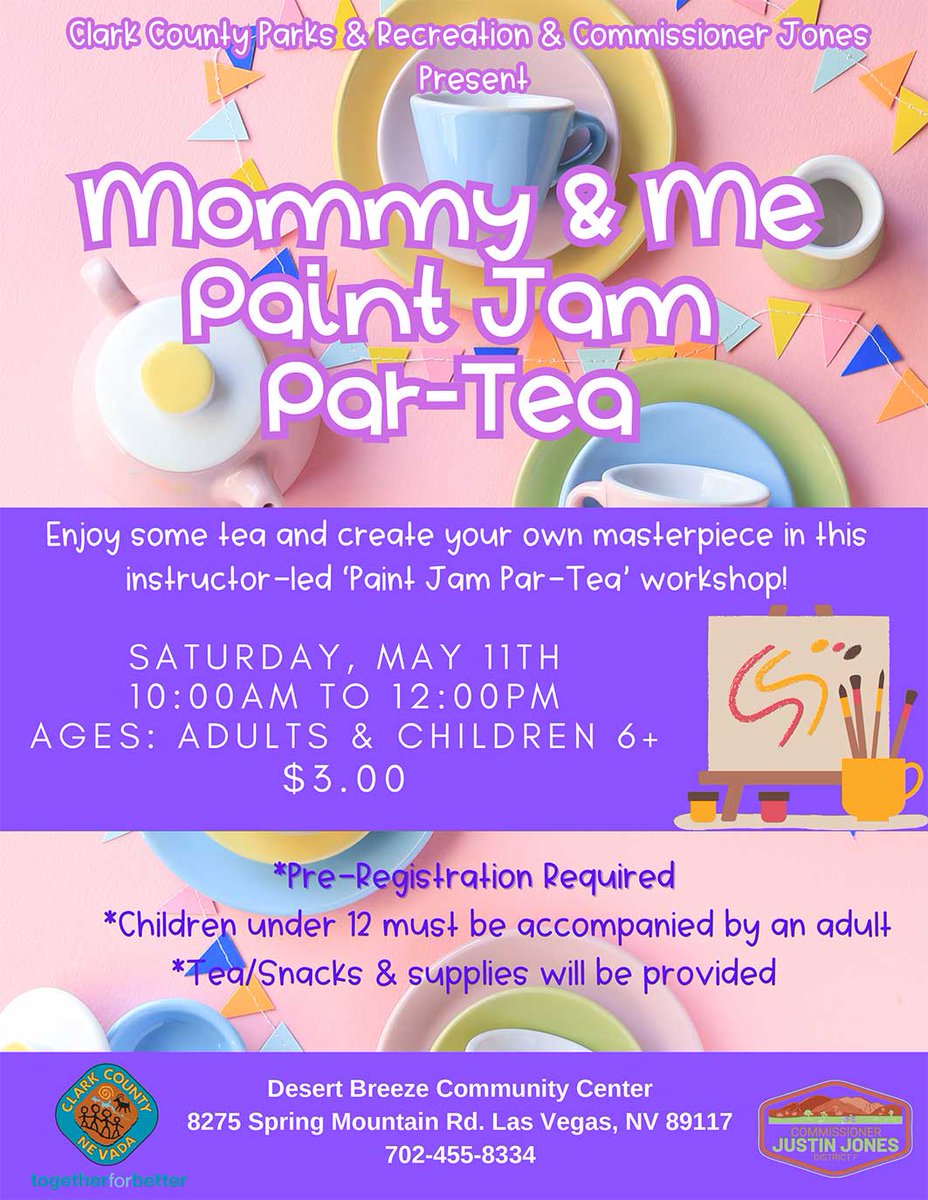 .@DesertBreezeCC will be offering a 'Mommy & Me Paint Jam Partea'! Come out on Saturday May 11th at 10am to 12pm for a wonderful art-filled tea experience! Pre-registration is required. You may register in person or online. web2.myvscloud.com/wbwsc/nvclarkc…