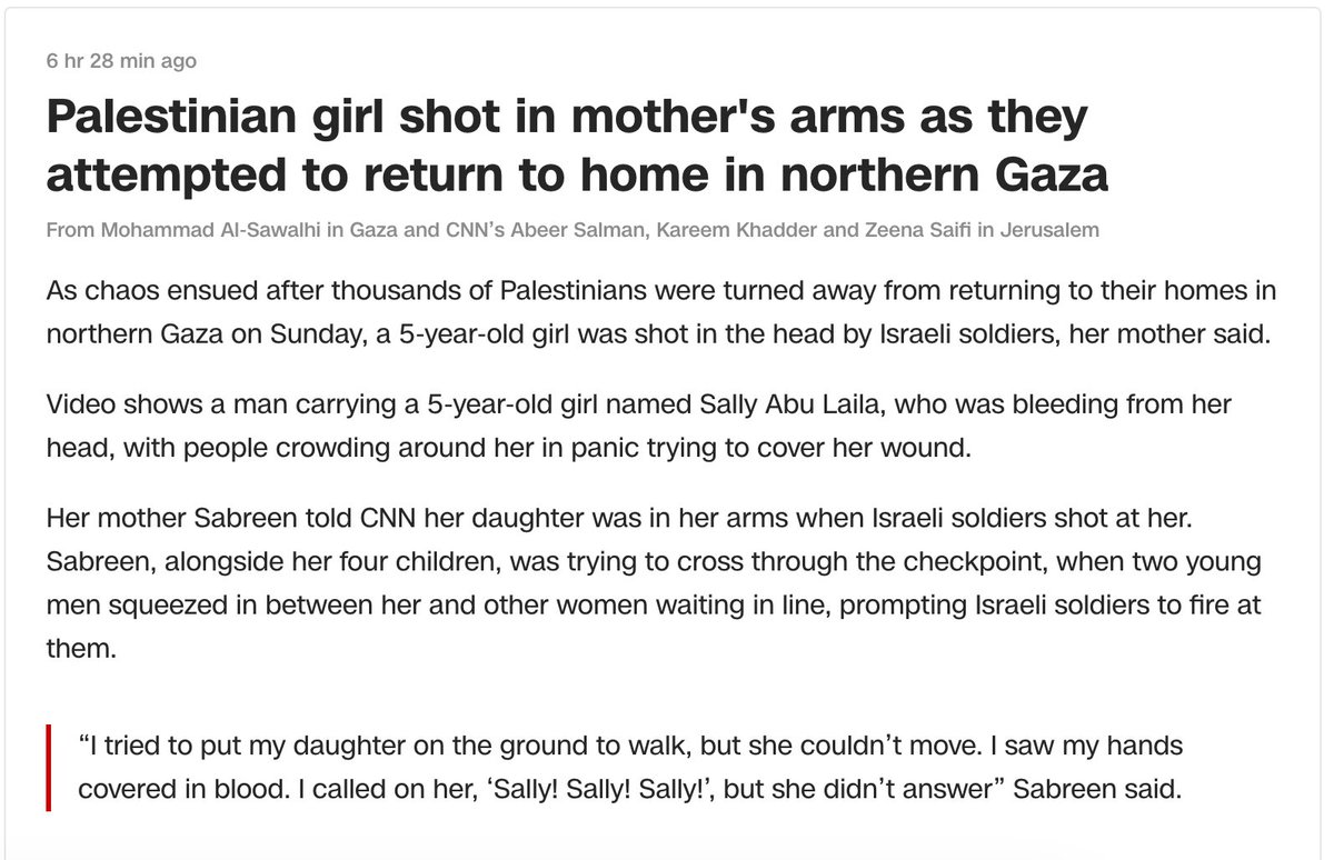 TW: Israeli Murder of Palestinian Child 'I tried to put my daughter on the ground to walk, but she couldn't move. I saw my hands covered in blood. I called on her, 'Sally! Sally! Sally', but she didn't answer,' Sabreen said. #AltTextPalestine #NorthernGaza