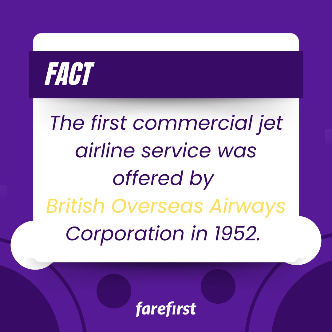 Amazing fact 😲

The first commercial jet airline service was offered by British Overseas Airways Corporation in 1952.

#FareFirst #cheapflights #travel #wanderlust #vacation #explore #travelblog #exploretocreate