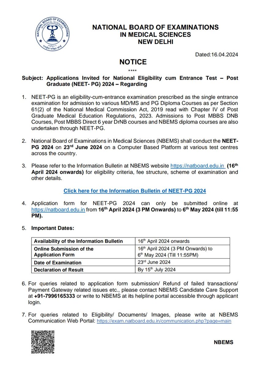 #NBEMS Applications Invited for National Eligibility cum Entrance Test – Post Graduate #NEETPG 2024

#NEETPG2024
#PGMedical