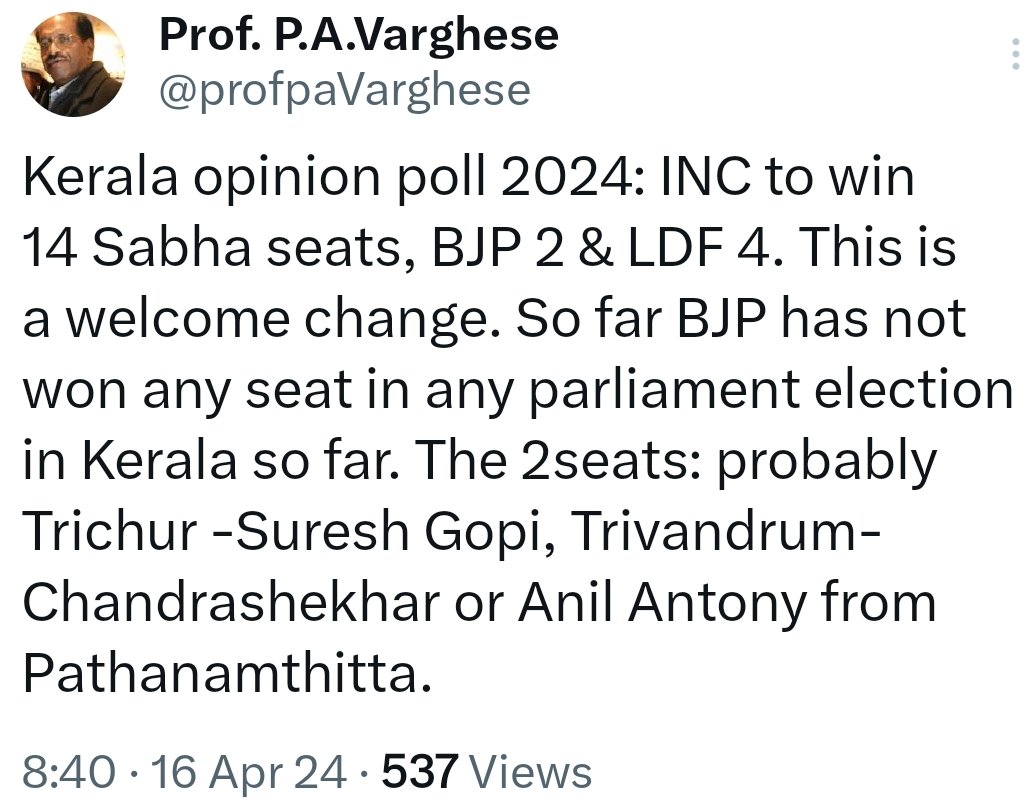 Call me a cynic and a pessimist if you will, but I predict 0 for the BJP in Kerala. Frankly, I have given up hope for Kerala because most Hindus here are like sheep and ostriches. Like sheep, they are easily led to their doom by the Congress and CPM. And like ostriches they bury…