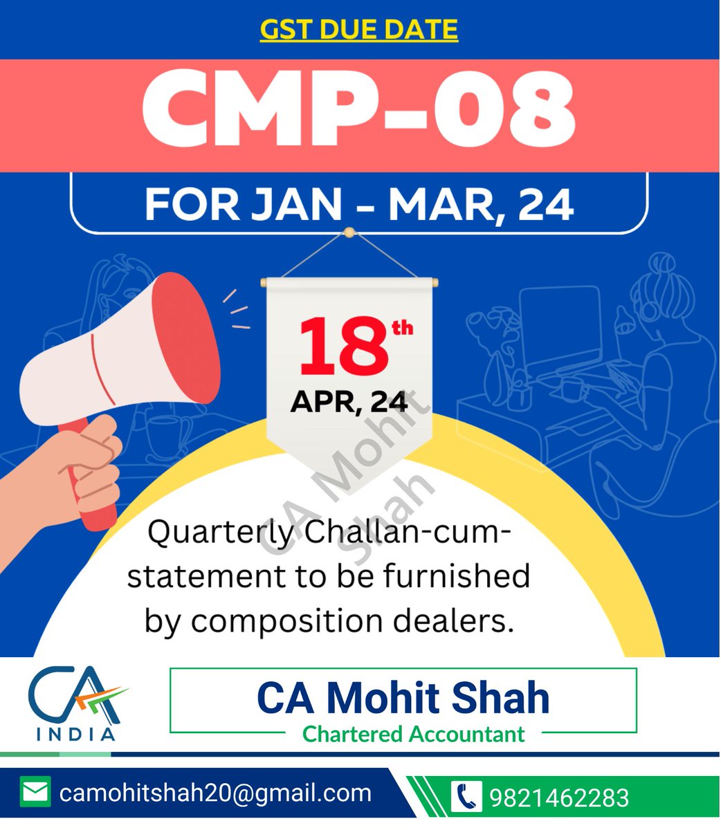 Composition dealers, 18th April,2024 is the last date to file CMP-08 for Jan-Mar 2024 quarter. Ensure timely filing to avoid Late Fees.

#CMP08 #CompositionScheme #GSTReturns #TaxFiling #SMEs #SmallBusiness #TaxCompliance #GSTIndia #BusinessTaxation #QuarterlyReturns