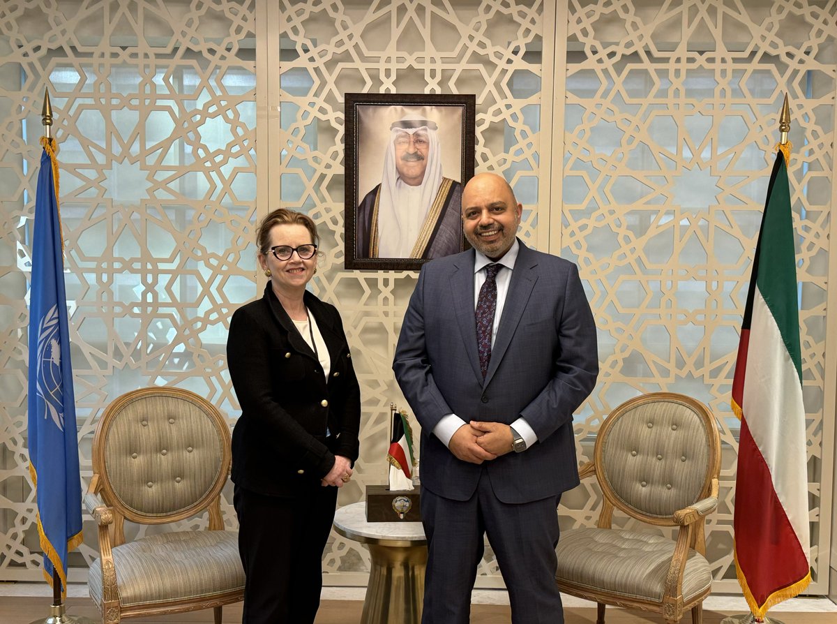 Amb. Tareq AlBanai was pleased earlier today to welcome Greta Gunnarsdottir, Director of the @UNRWA Representative Office in New York. Discussions circled around the current state of the @UN Agency, and ways in which its long-established partnership with the State of #Kuwait