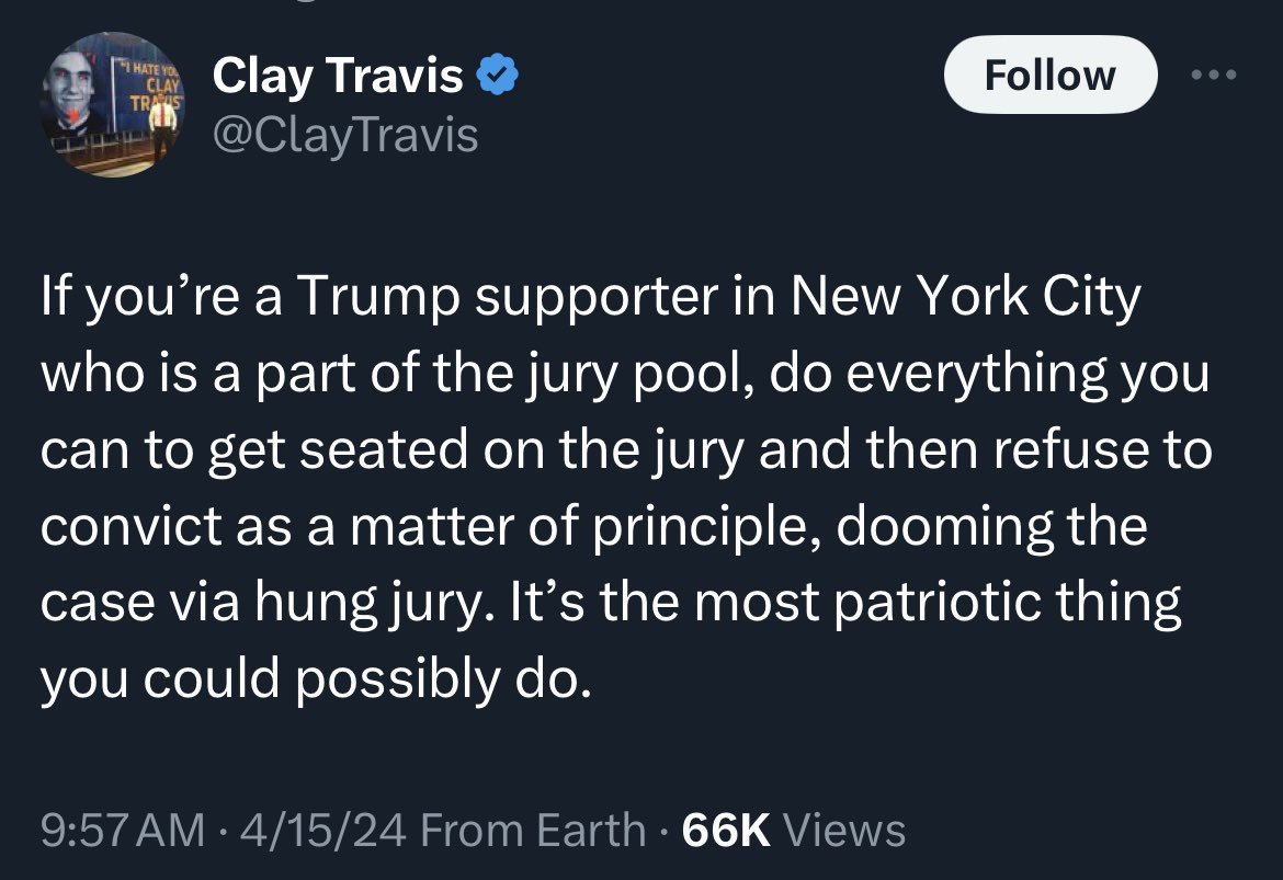 If he gets acquitted—which no lawyer believes he should be, given the evidence against him—this’ll be why. Because MAGAs don’t believe in rule of law, they believe in Trump. The word “principle” below should have a [sic] after it; it’s being used inconsistent with its definition.