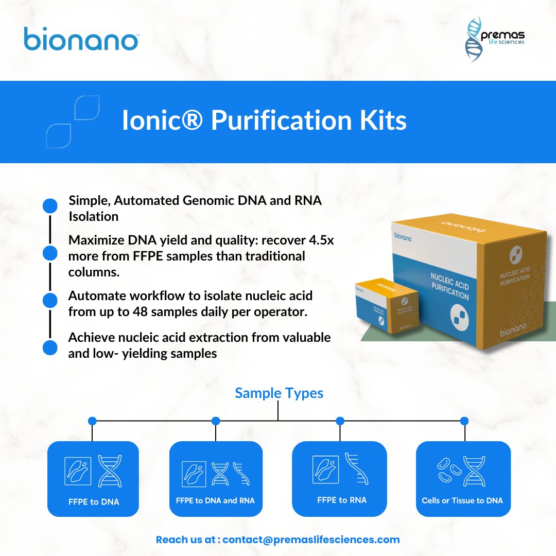 PremasLifeSc's tweet image. Introducing @bionano  Ionic® Purification Kits: Unlock streamlined sample preparation with #G2chemistry for automated workflows on the #Ionic system. Optimize extraction of #genomic #DNA and #RNA from cells, #tissue, and #FFPE samples. 🧬