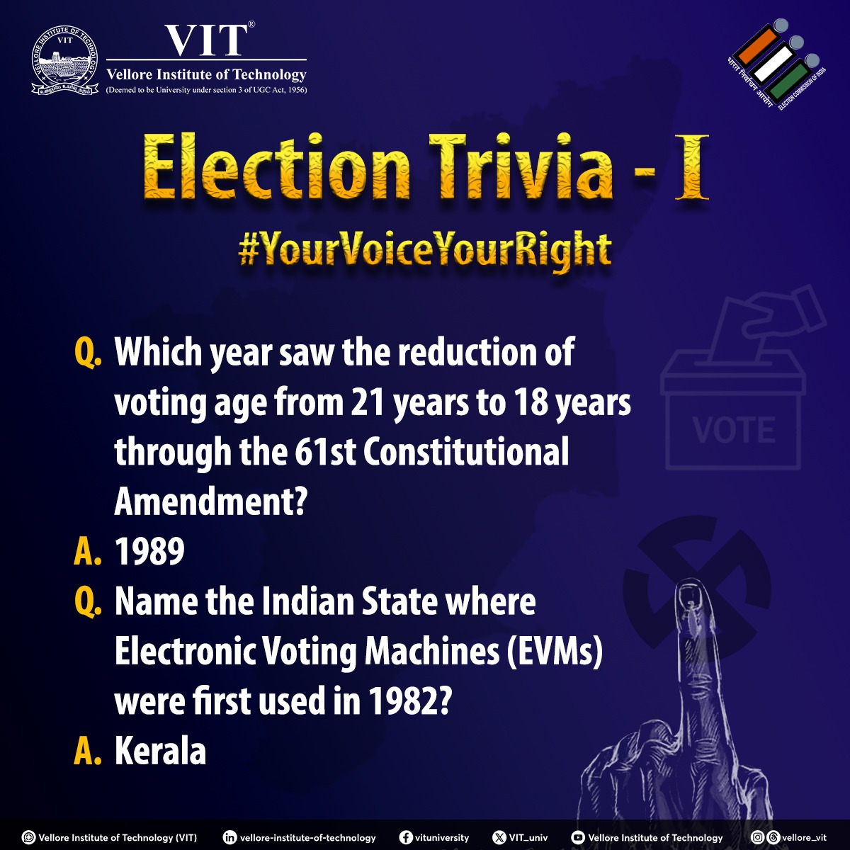 VIT_univ's tweet photo. Learn more about electoral history this season!
#VIT #VelloreInstituteofTechnology #ElectionTrivia #YourVoiceYourRight #Voting #Voters #Election #IndianElections #Election2024 https://t.co/W6L47SQLGP