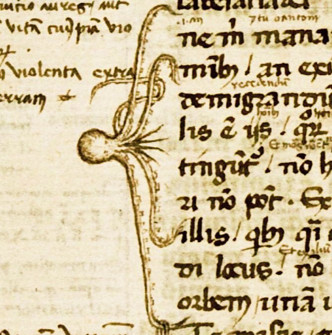 The arms of an octopus used by a reader/owner of this manuscript to mark parts they thought were important or of interest - 2nd half of the 14th century, Bancroft Library, BANC MS UCB 085