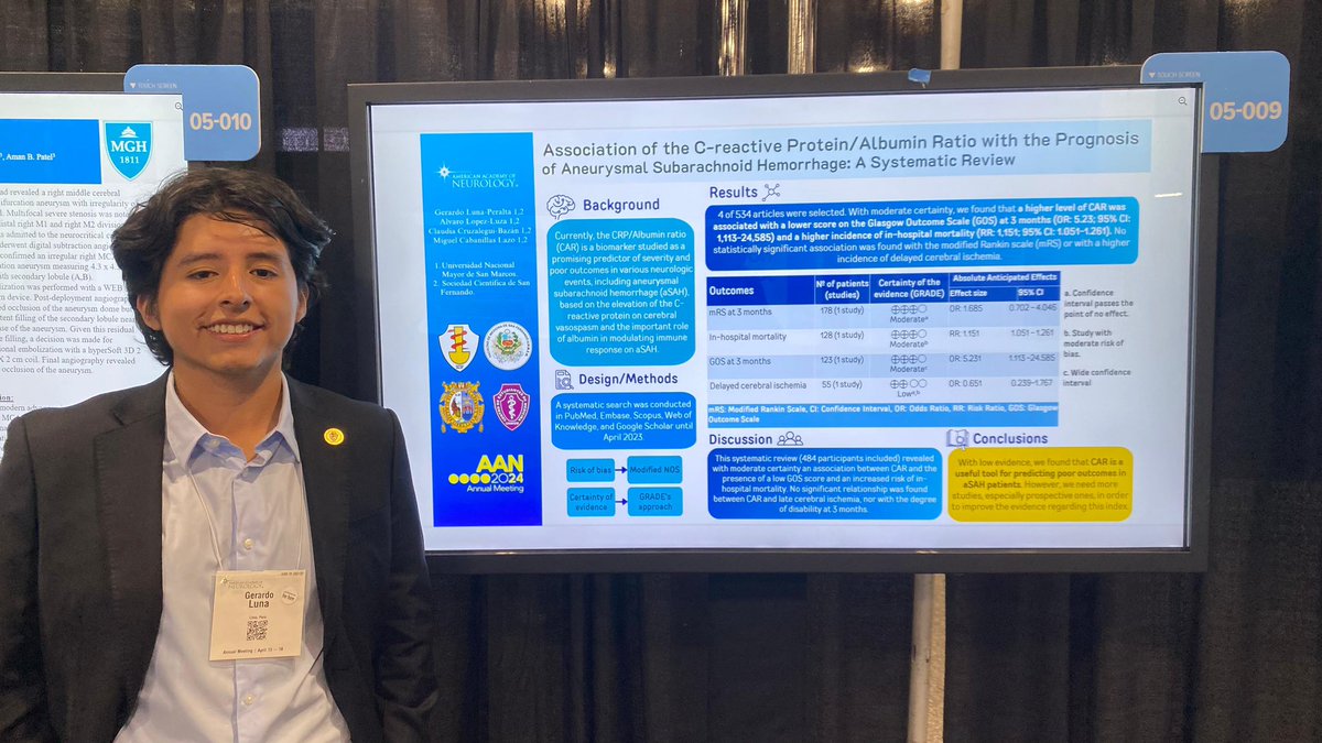 I just presented the abstract of a systematic review that my team from SCSF and I did about the prognostic value of the CRP/ALB ratio in various outcomes in patients with aneurysmal subarachnoid hemorrhage at the #AANAM @AANmember @UNMSM_ 🫶🤩🇵🇪