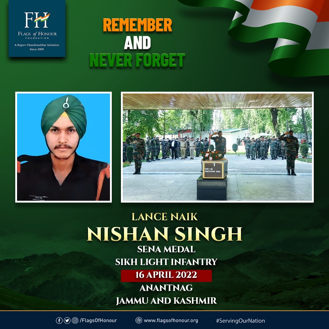 #OnThisDay 16 April in 2022, Braveheart Lance Naik Nishan Singh, Sena Medal, Sikh Light Infantry, laid down his life at the age of 29 fighting terrorists in Anantnag, Jammu and Kashmir. #RememberAndNeverForget his supreme sacrifice #ServingOurNation