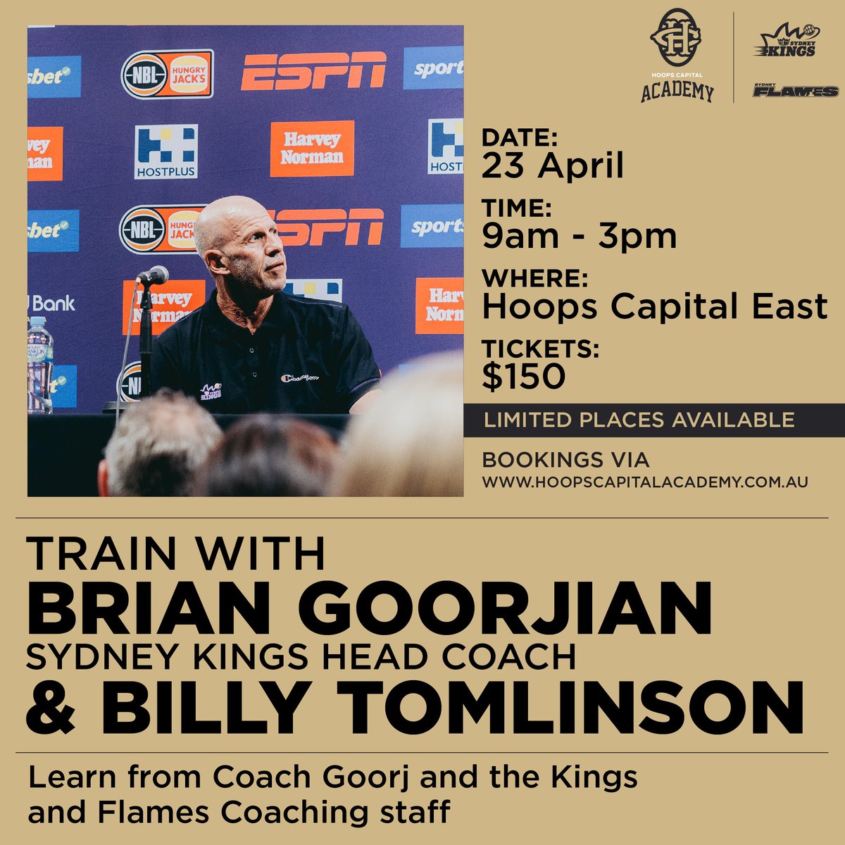 Calling all the Kings & @TheSydneyFlames of tomorrow 🗣️ Brian Goorjian, Billy Tomlinson & our club coaches are hosting an incredible session (all skill levels & ages 9-18) at Hoops Capital East 🏀 Register for the April 23 clinic 👉 sydkings.com/bdh3upje #LetItReign #FlameOn