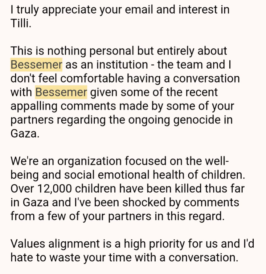 Before everything is the fact that Tilli focuses on the well-being of children. All children. The VC community, especially education focused VCs - your silence in the face of a genocide is appalling. @GenocideVC