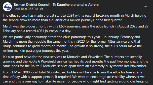 #TransportNews: The @nelsoncitynz eBus service has had a record-breaking March seeing 91,687 journeys.

eBus patronage in January, February and March is more than double the same months in 2023 for the former NBus service.