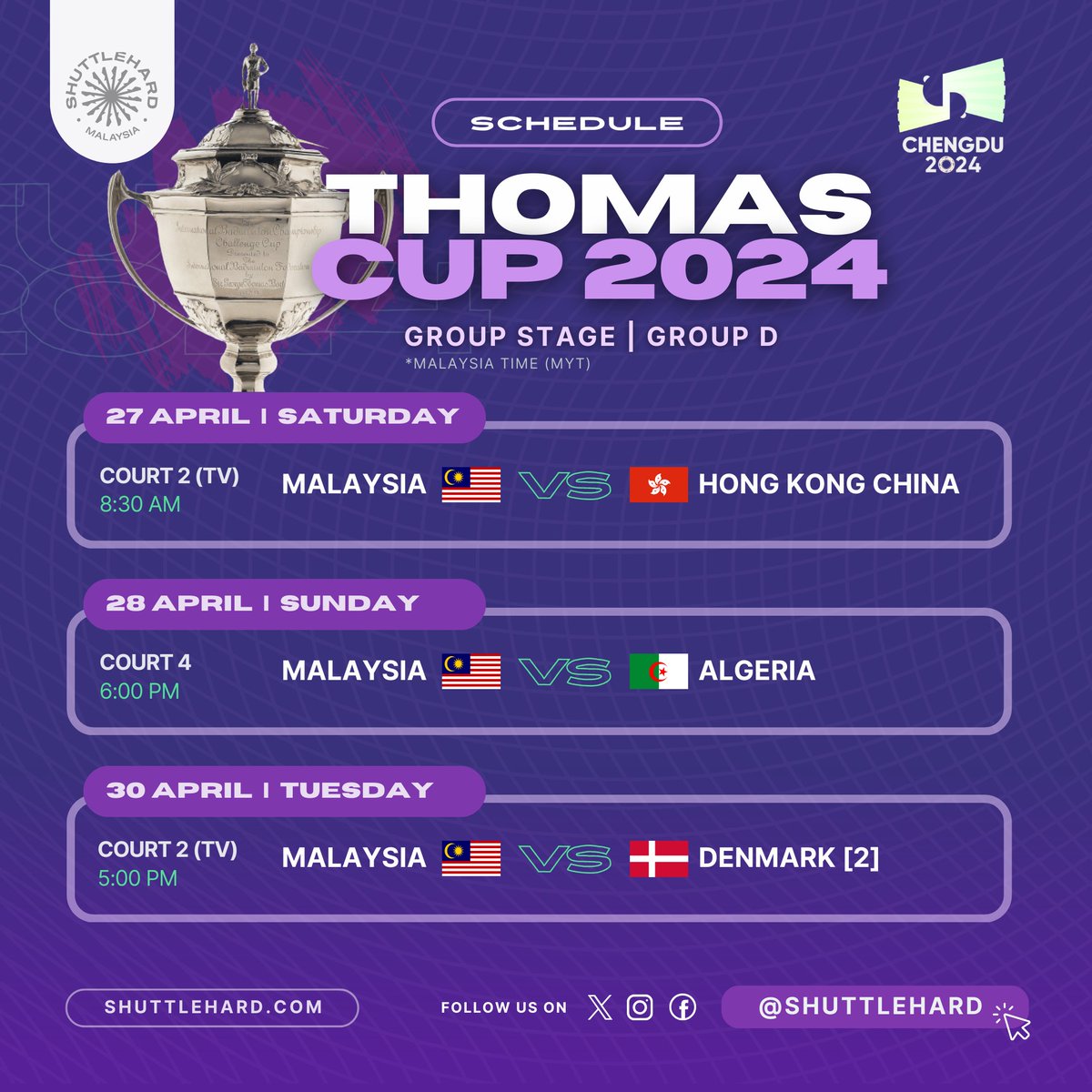 Jadual Perlawanan  
Piala Thomas 2024 
Peringkat Kumpulan  

Skuad Lelaki #BadmintonMalaysia diundi dalam Kumpulan D bersama Denmark🇩🇰 Hong Kong🇭🇰 dan Algeria 🇩🇿

Sejak edisi 1990, Malaysia pernah bertemu 🇩🇿 0⃣1⃣ pada edisi 2018.

Aksi pembuka tirai menentang Hong Kong 🇭🇰 akan…
