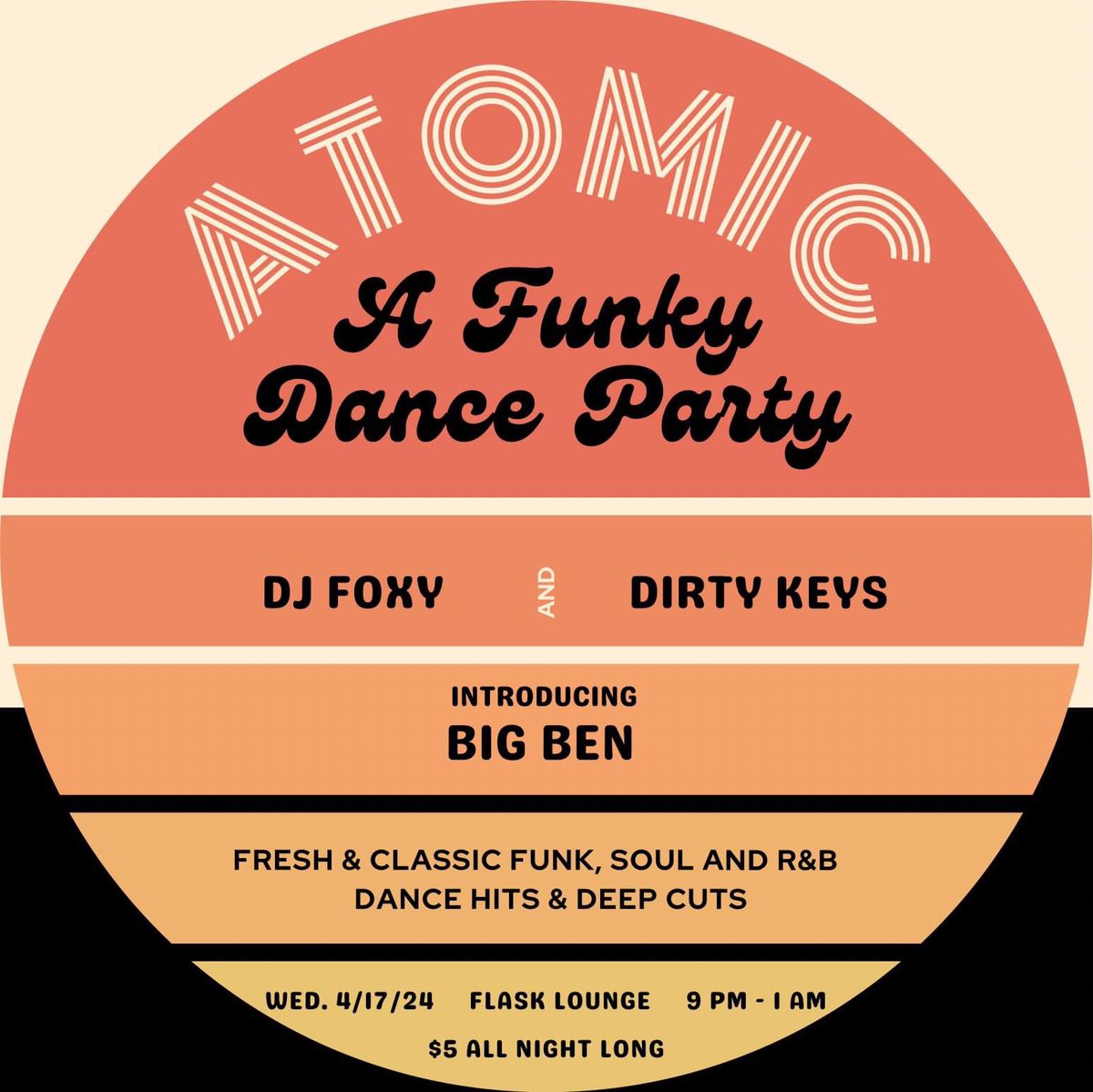#portlandme come down to <a href="/FlaskLounge/">FLASK LOUNGE 🔌</a> for a night of funky dance jams! This Wednesday night! 

#atomic #funk #funk101radio #disco #soulmusic #3DJs