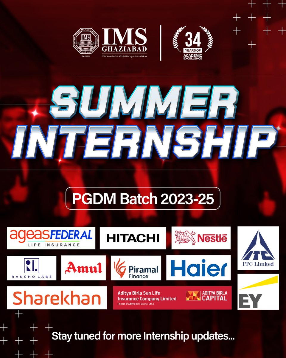 Congratulations to our students of PGDM Batch 2023 - 25 for securing prestigious summer internships! We are excited to witness their journey of growth and learning as they embark on this new chapter. Wishing them all the success and valuable experiences during their internships.