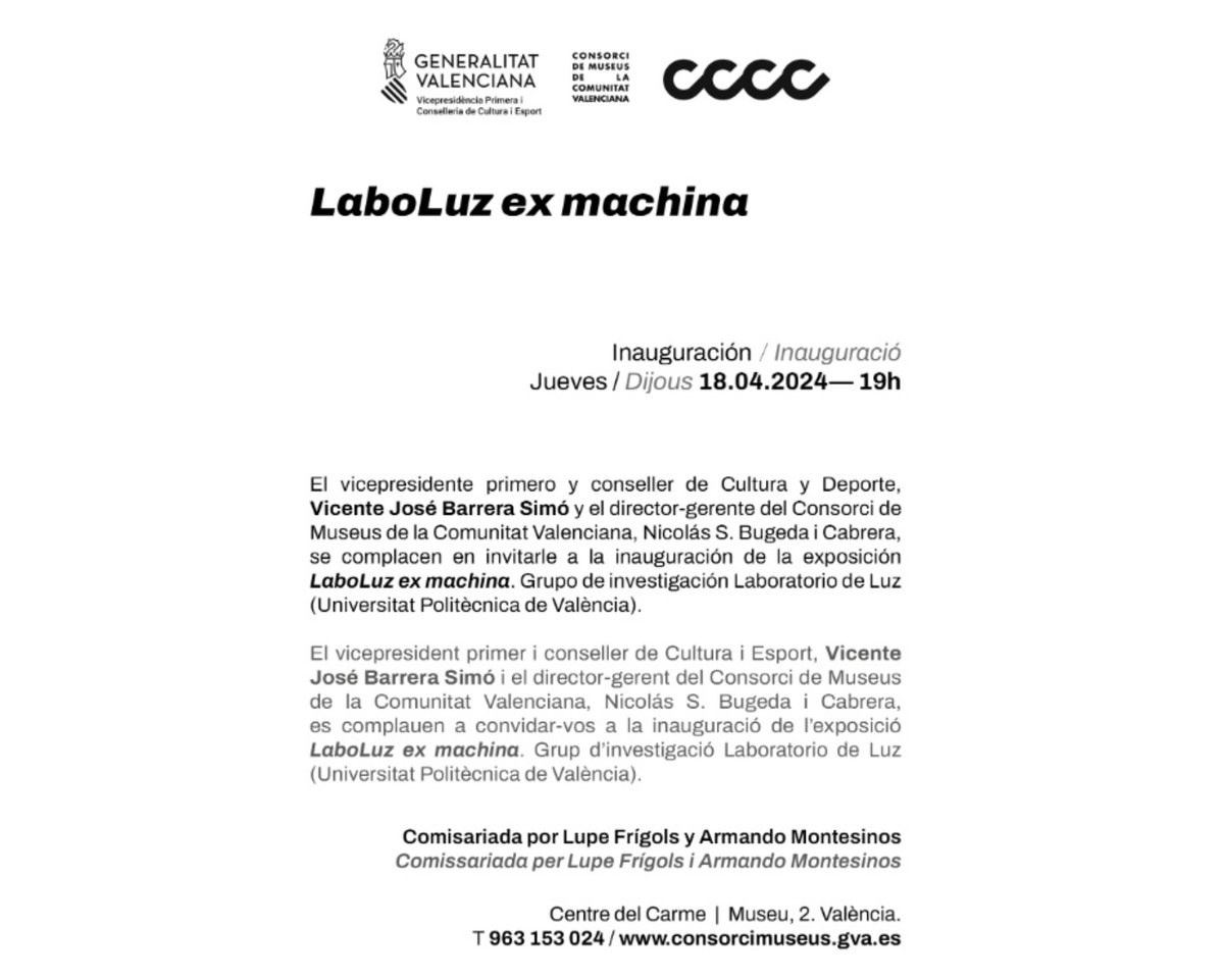 📢Os invitamos a la inuaguración de la nueva exposición del @ConsorcioMuseos en su sede, el #CCCC, este 18 de abril a las 19h. 'Laboluz ex machina', una muestra dedicada a #Laboluz, el primer grupo de investigación vinculado a una facultad de Bellas Artes. @UPV @GVAculturesport