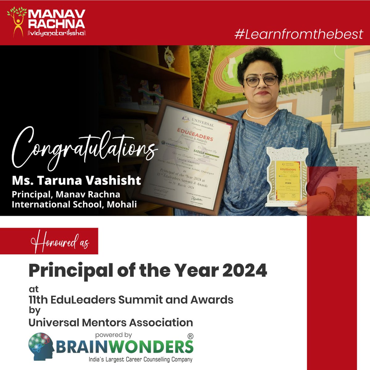 We are ecstatic to share that Ms. Taruna Vashisht - Principal, MRIS Mohali has been bestowed with the prestigious 'Principal of the Year 2024' award at the esteemed 11th EduLeaders Summit and Awards 2024.

The award ceremony, hosted by Brainwonders, served as a platform to honor…