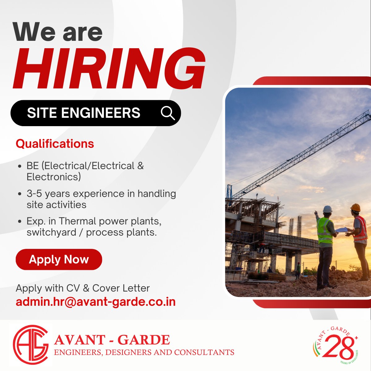 Now Hiring!!! Site Engineers
Join Avant-Garde India
BE Electrical / EEE  
3 - 5 yrs of experience 
admin.hr@avant-garde.co.in 
#sitemanager #siteengineer #engineeringjobs #avantgarde #avantgardeindia #careers #nowhiring #chennaijobs #jobsinchennai #jobs #electricalengineeringjobs