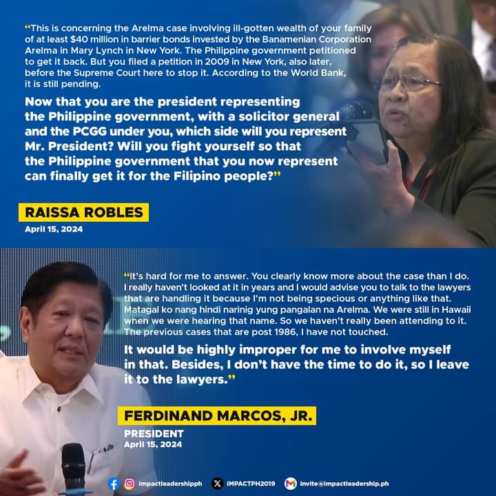 'IT WOULD BE HIGHLY IMPROPER FOR ME TO INVOLVE MYSELF IN THAT' President Ferdinand Marcos, Jr. says that he has not been involved in the Arelma case involving the alleged ill-gotten wealth of his family for years and advised consulting with the lawyers handling it.