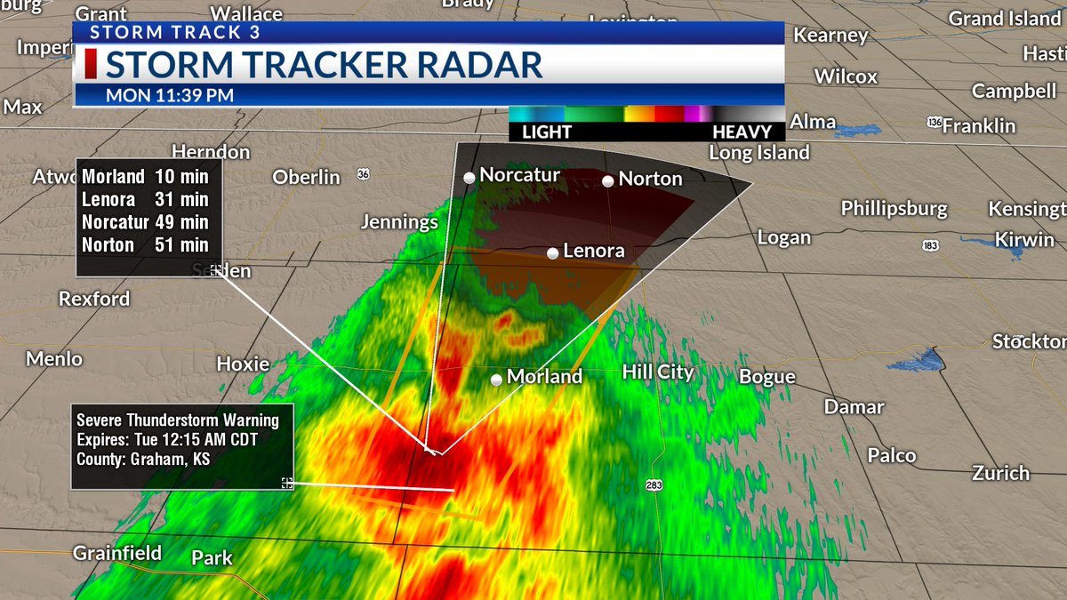 A SEVERE THUNDERSTORM WARNING has been issued for Graham, Sheridan, and Norton counties through 12:15 AM Tuesday. This storm is tracking north at 50 MPH and is capable of producing quarter sized hail and 60 MPH winds gusts. ksn.com/weather @KSNNews @KSNStormTrack3 #kswx