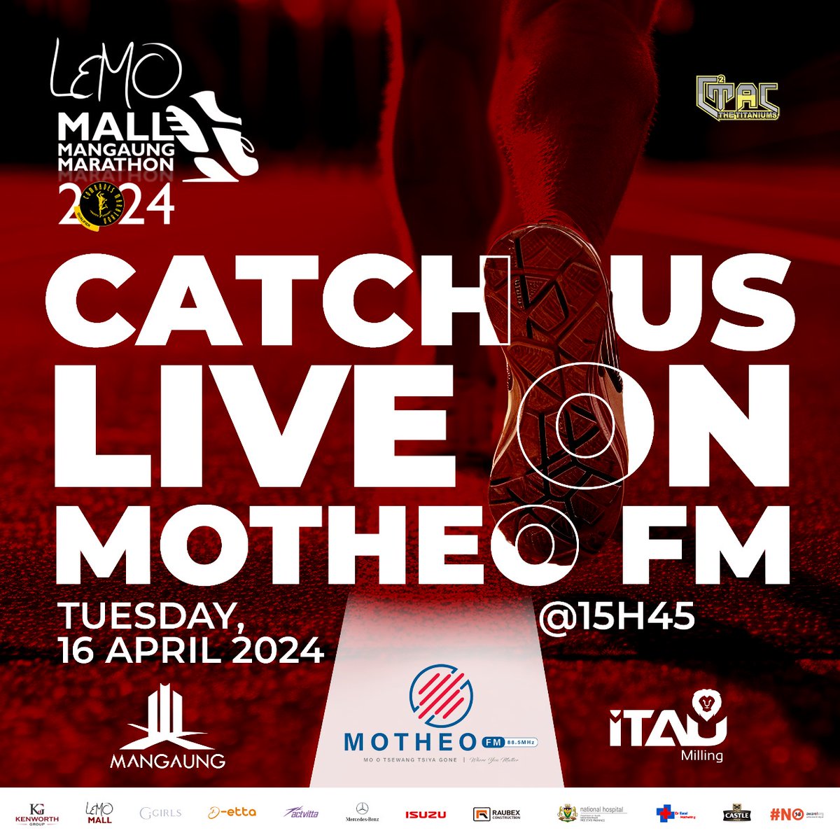 Today catch our live interview on Motheo FM, 16 April 2024 at 15:45 where we will be talking about the Lemo Mall Mangaung Marathon and the different routes. MOTHEO FM 88.5, MO TSEWANG TSIYA GONE | WHERE YOU MATTER #Tshepe #CCTAC #C2TAC