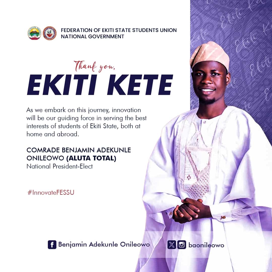 Thank you, Ekiti Kete. 
 
Looking forward, I am committed to implementing an agenda of innovation that prioritizes the needs and aspirations of our students. With a myriad of tasks ahead of us, failure is not an option. 

#InnovateFESSUWithAlutaTotal #InnovationAgenda