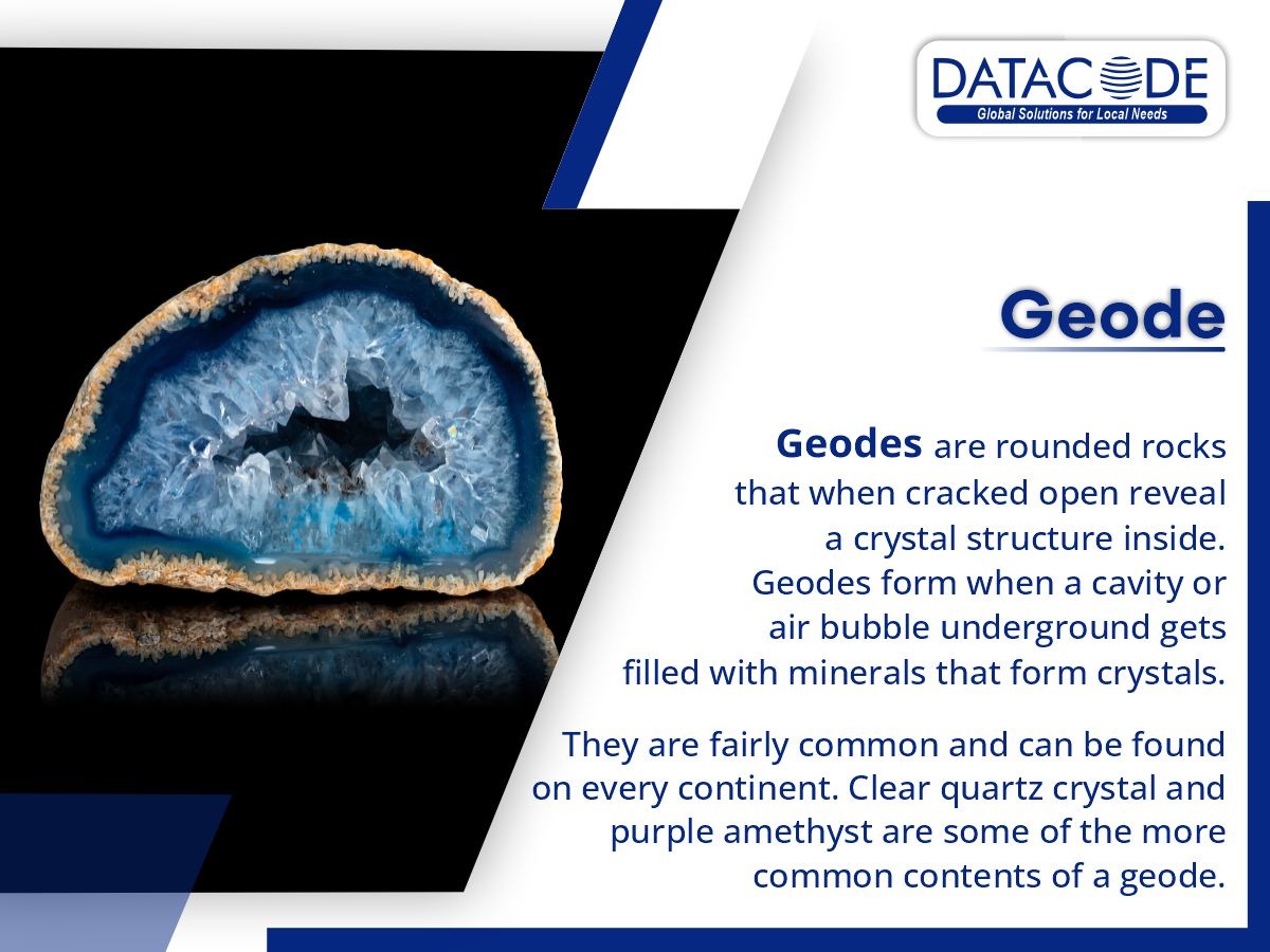 Geodes are spherical rocks containing a crystal-lined cavity inside. They form when hollow spaces underground become filled with minerals that crystallize over time. 
#datacode #geologicalprocesses #EarthScience #earthmaterials #PlanetFormation #geode #crystals #minerals #geodes