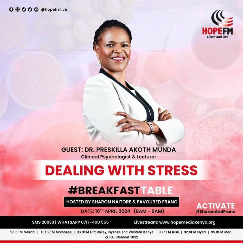HopeFMLive's tweet image. Ever been stressed?
Join us on #BreakfastTable this morning on #Activate as we engage Dr. Preskilla Akoth Munda,who will help us with the conversation on 'Dealing with Stress'.
Call/WA 0717400555 | SMS 20933 |
#SharonAndFranc @sharon_Naitore  @Favoured_Franc