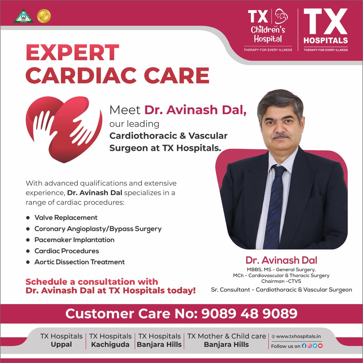 Introducing Dr. Avinash Dal, our expert Cardiovascular & Thoracic Surgeon at TX Hospitals. Specializing in valve replacements, coronary surgeries, pacemaker implantation, and more. Book Now: txhospitals.in Call Now: 9089489089 #CardiacCare #TXHospitals #HeartHealth