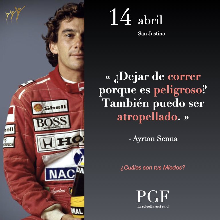 «¿Dejar de correr porque es peligroso? También puedo ser atropellado.»
Ayrton Senna
¿Cuáles son tus miedos?
#AyrtonSenna #Citadeldía #Fórmula1 #Inspiración #Motivación  #PabloGarcíaFortes #Miedos #GestionarMiedos #GestiónEmocional