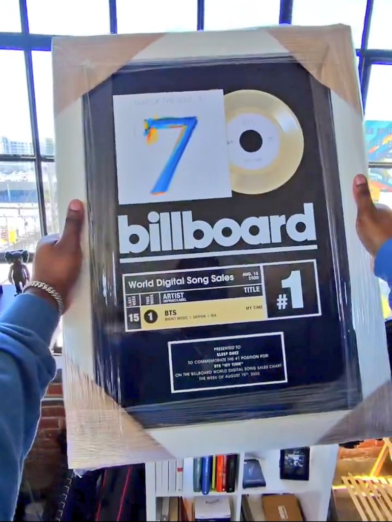 Jungkook’s BTS solo song “My Time” Billboard plaque for #1 on World Digital Song Sales, shared by the producer Sleep Deez
