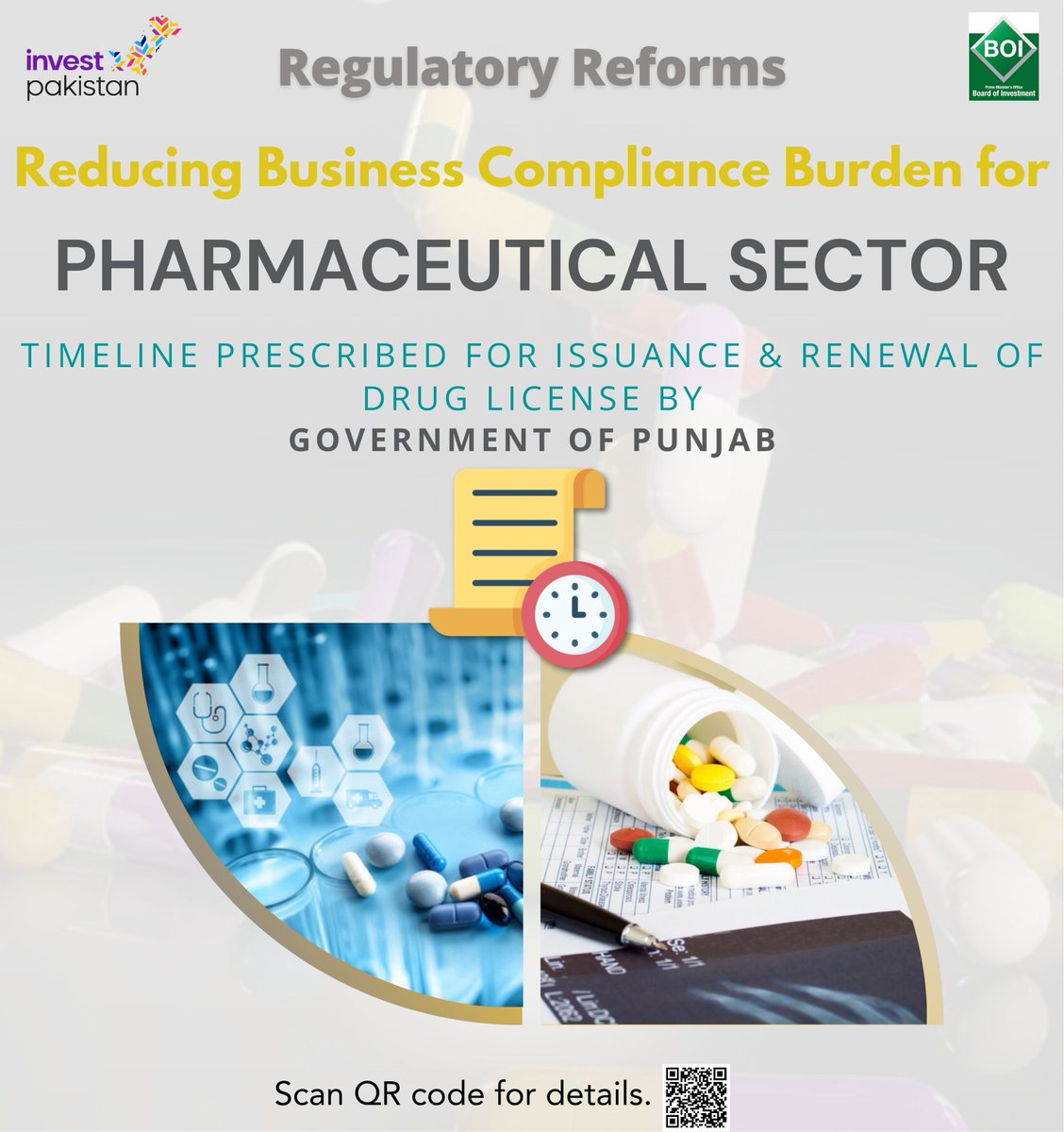 To facilitate the businesses in Pharmaceutical  Sector, issuance and renewal of Drug License has been made time bound to make the process robust.
For details: business.gov.pk/time-bound-iss…
#PRMI #RegulatoryReforsms #regulatorycompliance #investinpakistan #pharmaceuticalindustry