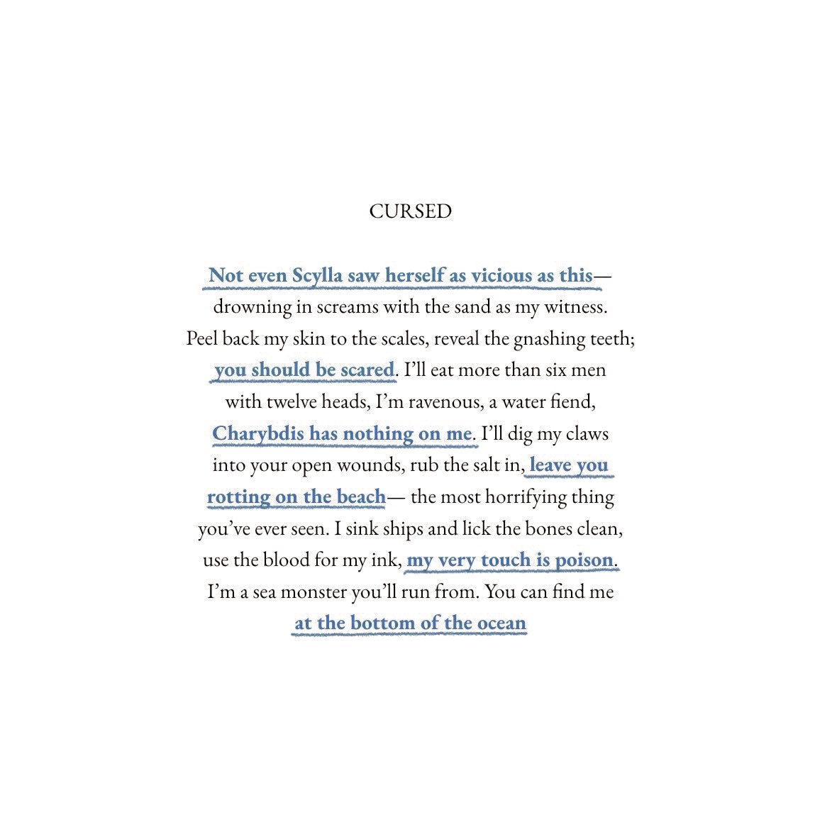 escapril poetry challenge day 15: beach 

i had a lot of fun playing with one of my favorite greek myths here 🌊

— CURSED 

#poetrycommunity #poetry #poetrychallenge #NaPoWriMo #NationalPoetryMonth #poetryprompts #PoemADay #poetrylovers