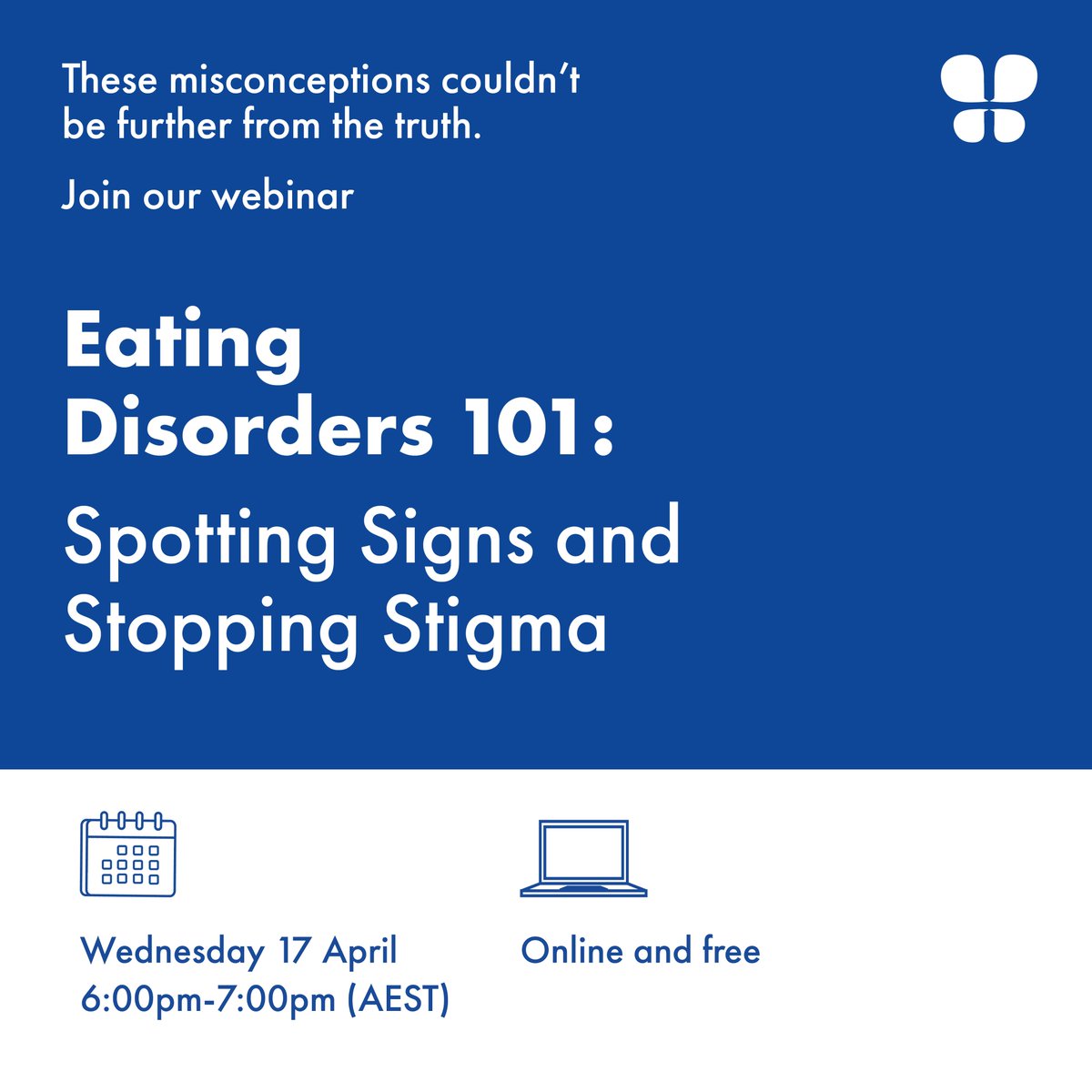 Our latest research has revealed a gap in understanding of eating disorders in Aus. Join our webinar 'Eating Disorders 101: Spotting signs & stopping stigma' on Wed 17 April 6-7pm to hear to why these misconceptions couldn't be further from the truth.⬇️ butterfly-org-au.zoom.us/webinar/regist…