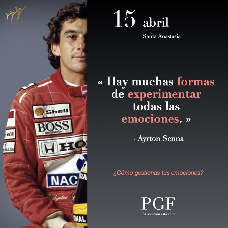 «Hay muchas formas de experimentar todas las emociones.»

Ayrton Senna

¿Cómo gestionas tus emociones?

#AyrtonSenna #Citadeldía #Fórmula1 #Inspiración #Motivación  #PabloGarcíaFortes #GestiónEmocional #InteligenciaEmocional #Emociones