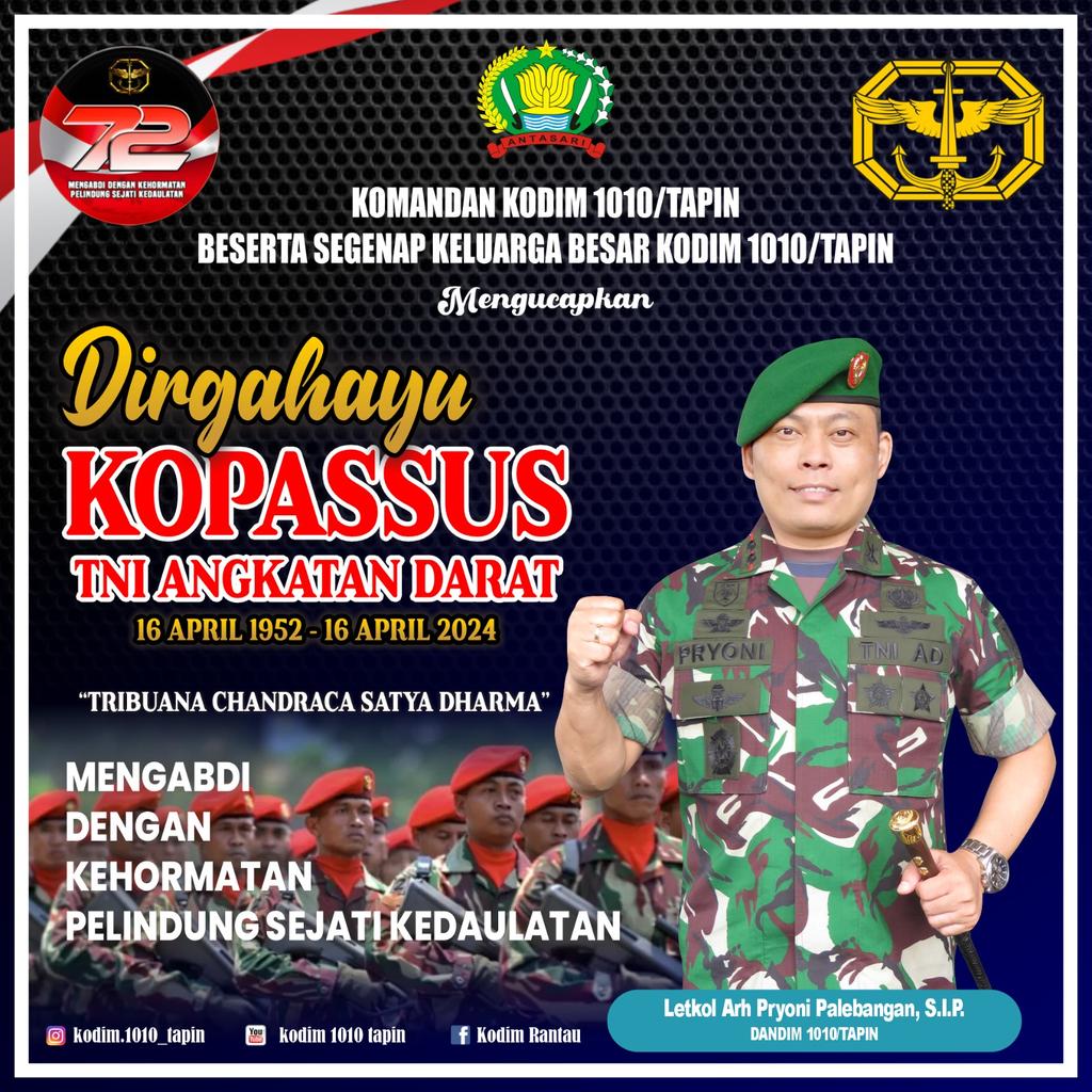 Dirgahayu Komando Pasukan Khusus (Kopassus) TNI Angkatan Darat, Mengabdi Dengan Kehormatan Pelindung Sejati Kedaulatan.
#puspentni 
#tni_angkatan_darat 
#kodam_mlw 
#skorem101antasari 
#hutkopassus 
#kopassusindonesia