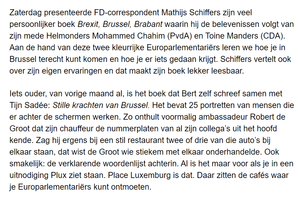 In de Europa-nieuwsbrief van het <a href="/ADnl/">AD.nl</a> en <a href="/BrusselseNieuwe/">Brusselse Nieuwe</a> neemt <a href="/HansNijenhuis/">Hans Nijenhuis</a> drie verse EU-boeken onder de loep, waaronder mijn "Brexit, Brussel, Brabant" waarin de avonturen van @Mchahim en <a href="/ToineMandersEP/">Toine Manders</a> centraal staan.