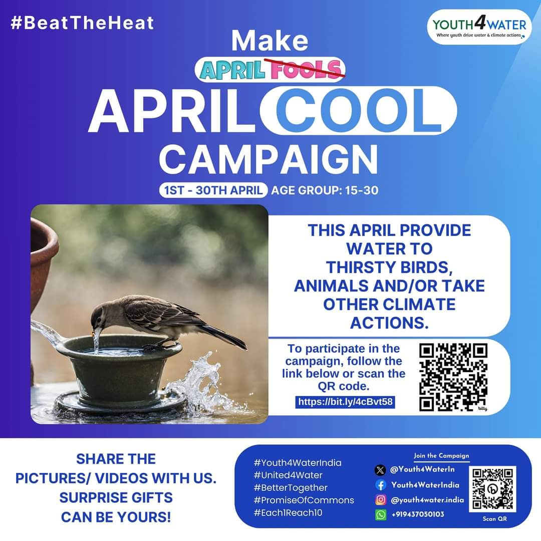 Youth4WaterIn's tweet photo. Concerned about the HEAT?
Do participate in #AprilCOOL initiative & you can earn surprise gifts! It's a pan-India campaign. Your local #ClimateActions could bring big relief to birds, animals & people. More details: https://t.co/pyhIyZrGvL
#BeatTheHeat
#combatclimatechange https://t.co/2nazFVWeJn