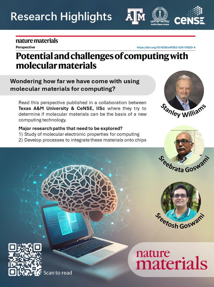 #researchhighlights at #cense #iisc

In this perspective @NatureMaterials, the researchers explore #molecular #materials to determine if they can be the basis of new computing technologies, especially #neuromorphic #computing.
doi.org/10.1038/s41563…, 
@TAMU @iiscbangalore